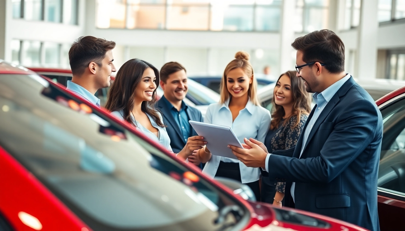 Buy a car from a diverse dealership team assisting happy customers with their choices.