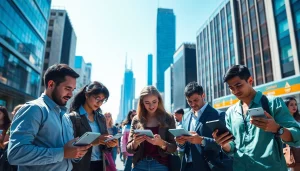 Technology showcases advanced gadgets and diverse interactions in a vibrant urban setting.