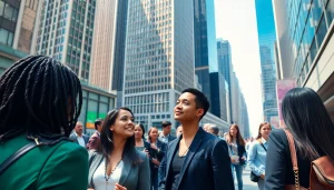 Professionals networking for new york jobs in a vibrant NYC street scene.