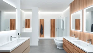Sirhona fr offre un mobilier de salle de bain moderne avec miroir éclairé et cabine de douche.