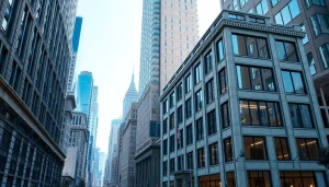 Showcasing a stylish office building by a New York Commercial General Contractor set amidst a vibrant city skyline.