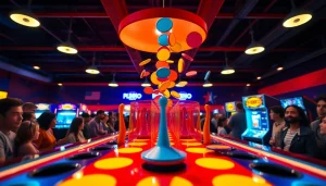 Mainkan plinko demo dengan papan berwarna dan para pemain yang antusias.