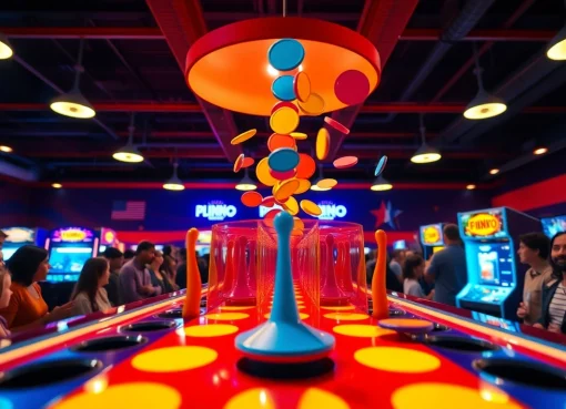 Mainkan plinko demo dengan papan berwarna dan para pemain yang antusias.