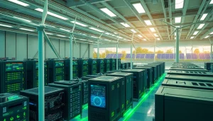 Dynamic view of a cloud mining operation illustrating dogecoin cloud mining profit through renewable energy sources.