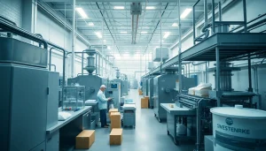 Visualisierung einer modernen süßstofffabrik mit hochentwickelter Maschinenanordnung.