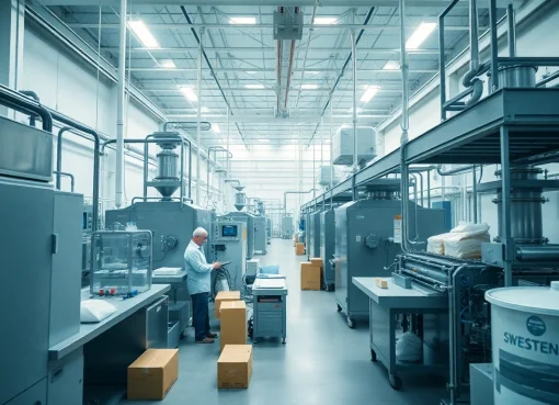 Visualisierung einer modernen süßstofffabrik mit hochentwickelter Maschinenanordnung.