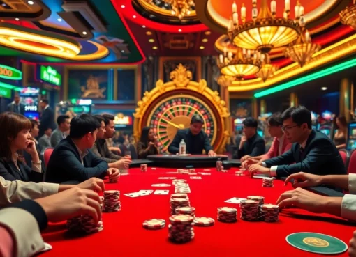 Experience the thrill of gaming at Nhà Cái BJ888 with vibrant casino imagery featuring poker tables and roulette wheels.