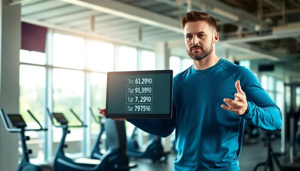 Calculate your body fat percentage calculator with a professional trainer in a gym setting.