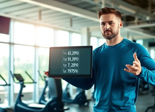 Calculate your body fat percentage calculator with a professional trainer in a gym setting.