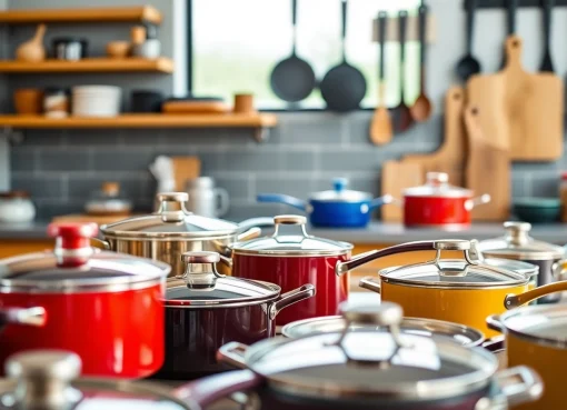Explore vibrant cookware shop Auckland collection displayed attractively in a modern kitchen.