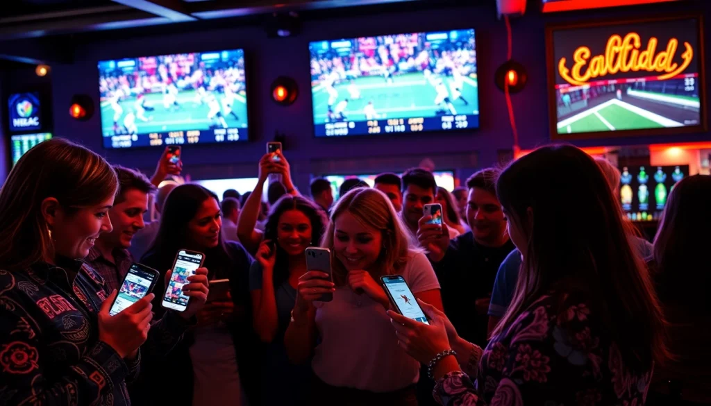Engaging scene of online sportsbooks Oklahoma with excited bettors using mobile devices in a vibrant bar.