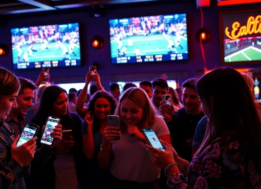 Engaging scene of online sportsbooks Oklahoma with excited bettors using mobile devices in a vibrant bar.