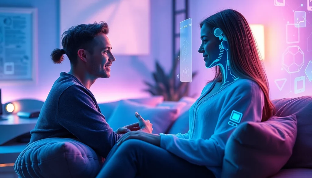 Engaging interaction in ai chat sex with a futuristic AI character in a welcoming environment.