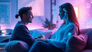 Engaging interaction in ai chat sex with a futuristic AI character in a welcoming environment.