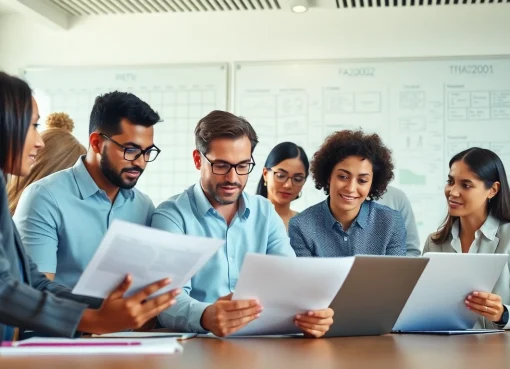 Collaborative team engaged in Proposal Writing and Management activities in a modern office.