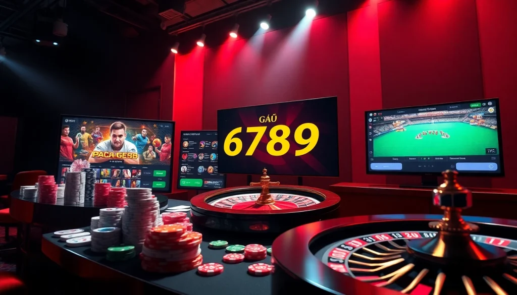 Experience the excitement of gà 6789 online gambling with vibrant visuals of poker chips and roulette.