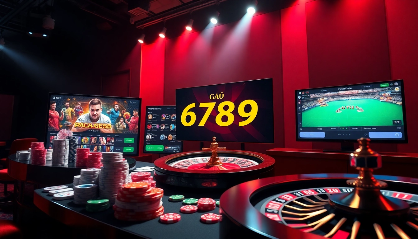 Experience the excitement of gà 6789 online gambling with vibrant visuals of poker chips and roulette.