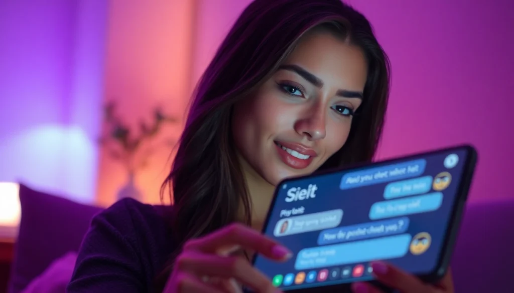 Engaging AI chat interface showcasing sex chat AI with virtual character under warm ambient lighting.