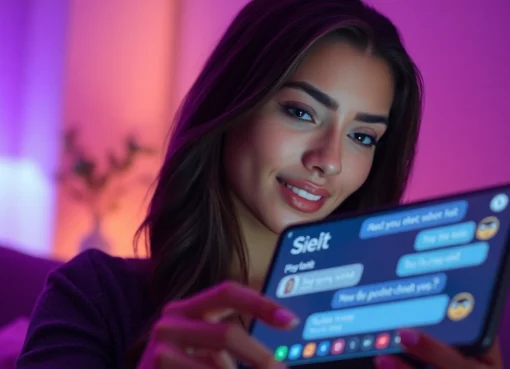 Engaging AI chat interface showcasing sex chat AI with virtual character under warm ambient lighting.