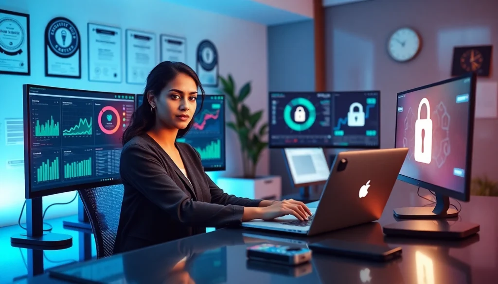 Innovative workspace showcasing infosec dashboards and cybersecurity tools, emphasizing trust and professionalism.