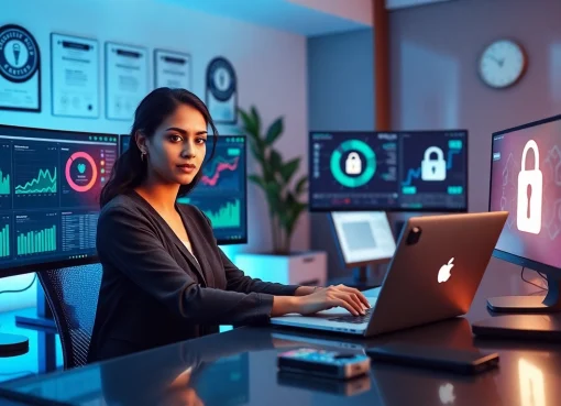 Innovative workspace showcasing infosec dashboards and cybersecurity tools, emphasizing trust and professionalism.