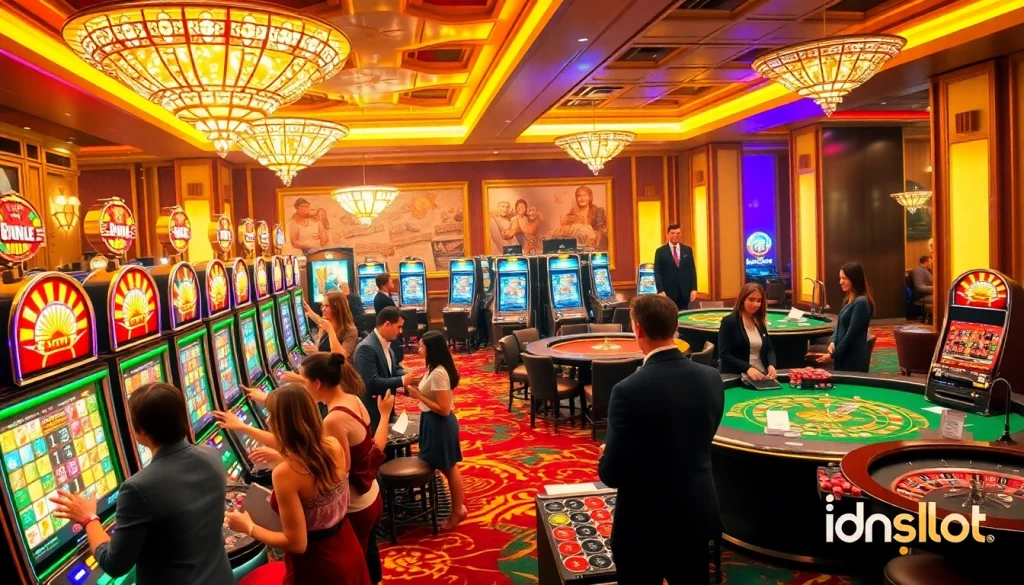 Players enjoying slot games at a casino while engaging with idnslot machines.