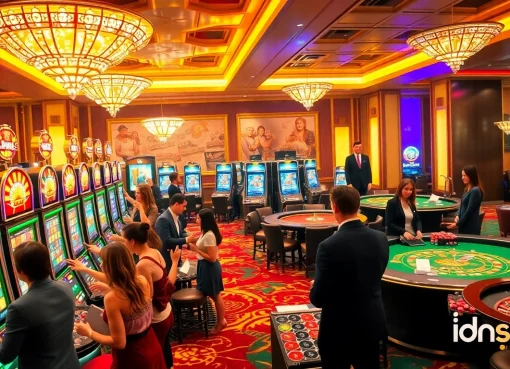 Players enjoying slot games at a casino while engaging with idnslot machines.