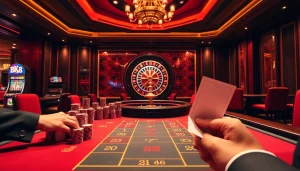 Thrilling BK8 เว็บตรง casino scene with baccarat table and vibrant gaming elements.