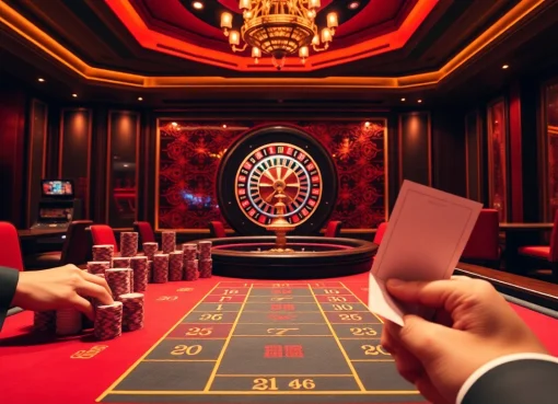 Thrilling BK8 เว็บตรง casino scene with baccarat table and vibrant gaming elements.