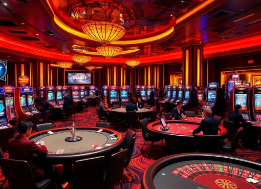 Experience the excitement of THABET gaming with vibrant casino tables and slot machines.