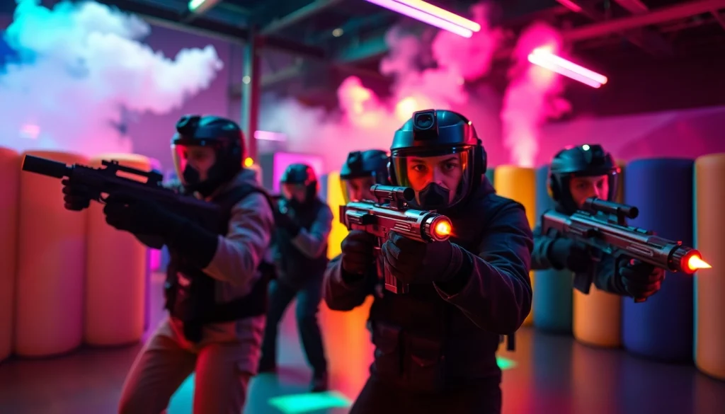 Laser tag players immersed in an intense arena battle, showcasing competitive spirit and vibrant atmosphere.