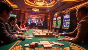 Engage in the excitement of a mahjong slot demo featuring vibrant casino elements and players enjoying the game.