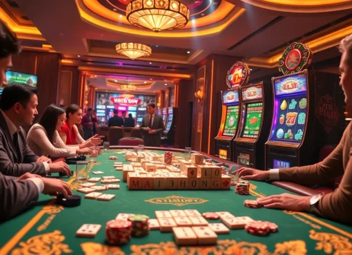 Engage in the excitement of a mahjong slot demo featuring vibrant casino elements and players enjoying the game.