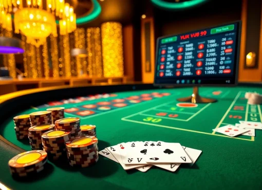 Experience luxury gaming with vua99 at a vibrant roulette table adorned with poker chips and cards.