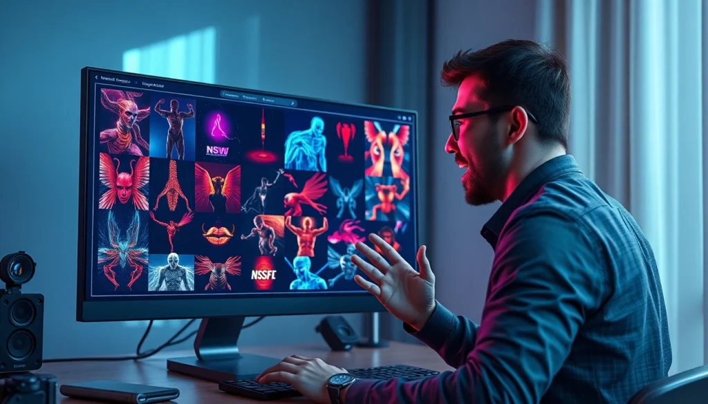 AI NSFW image generator interface with vibrant digital art, showcasing user engagement.