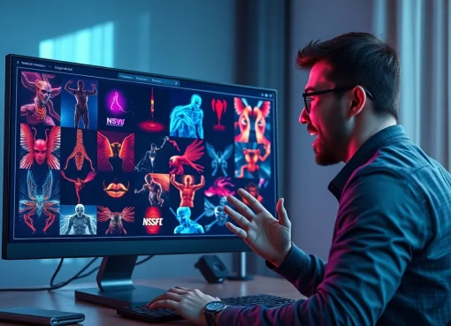 AI NSFW image generator interface with vibrant digital art, showcasing user engagement.