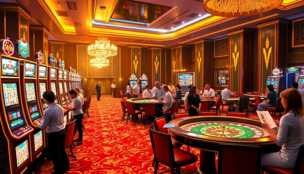 Para pemain menikmati demo slot Mahjong di kasino mewah dengan mesin berwarna-warni dan suasana yang hidup.