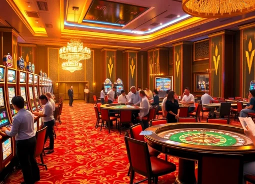 Para pemain menikmati demo slot Mahjong di kasino mewah dengan mesin berwarna-warni dan suasana yang hidup.