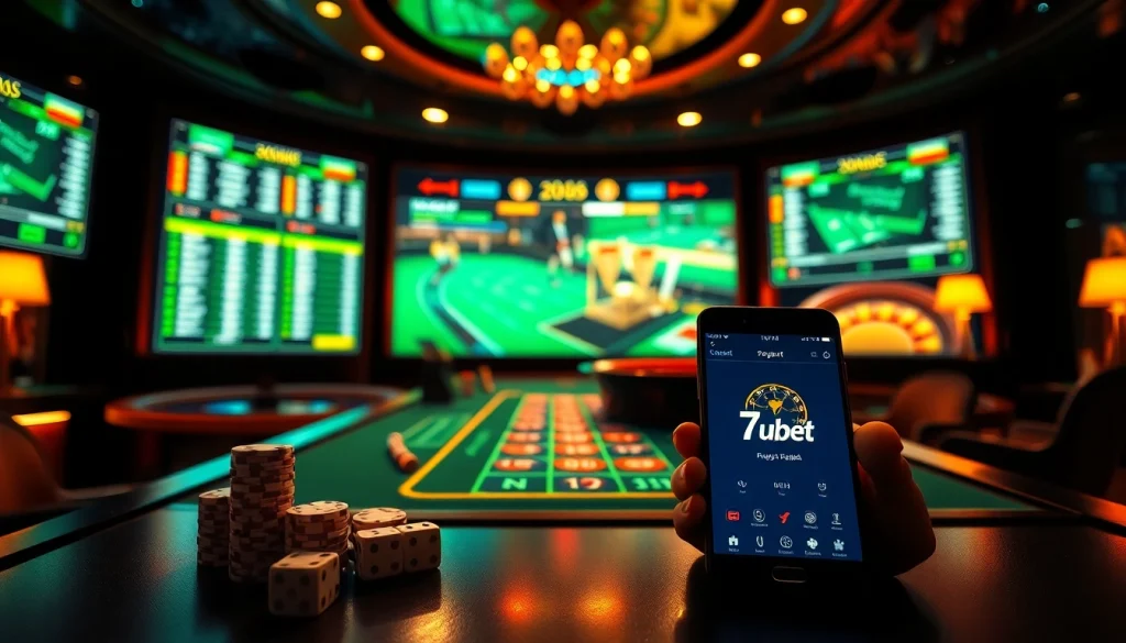 7upbet app interface showcased in a luxurious online casino setting, exhibiting vibrant gambling elements.