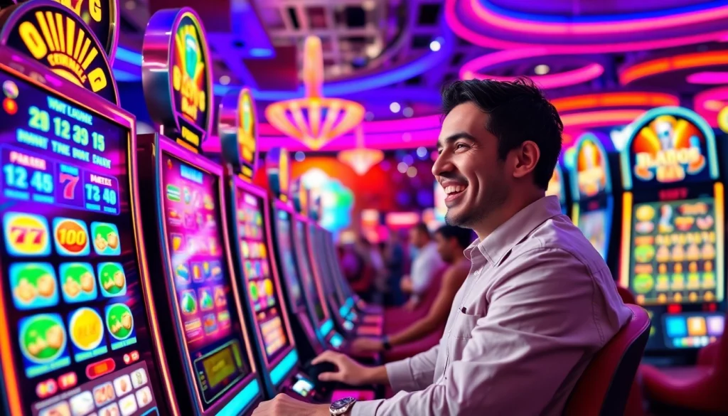 Menyaksikan slot depo 1k dengan pemain bahagia di kasino penuh warna dan energi.