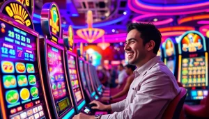 Menyaksikan slot depo 1k dengan pemain bahagia di kasino penuh warna dan energi.