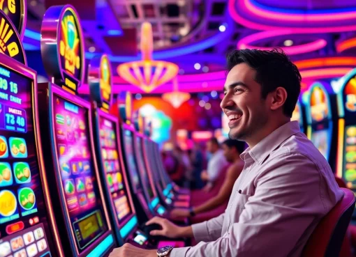 Menyaksikan slot depo 1k dengan pemain bahagia di kasino penuh warna dan energi.