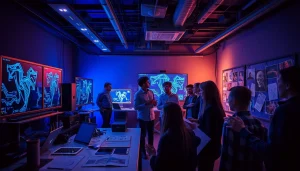 Creative professionals collaborating on NSFW AI content in a high-tech workspace.