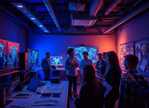 Creative professionals collaborating on NSFW AI content in a high-tech workspace.