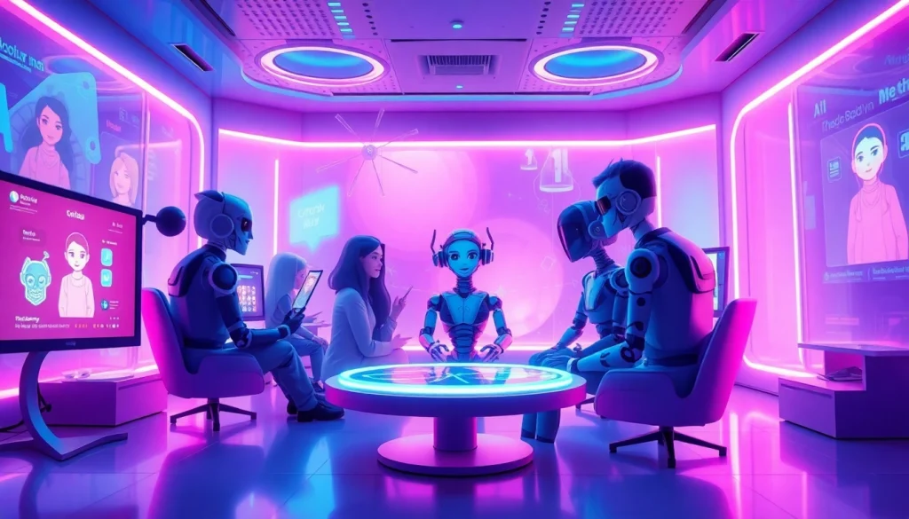 Interactive AI sex chat showcasing vibrant digital characters and futuristic environment.