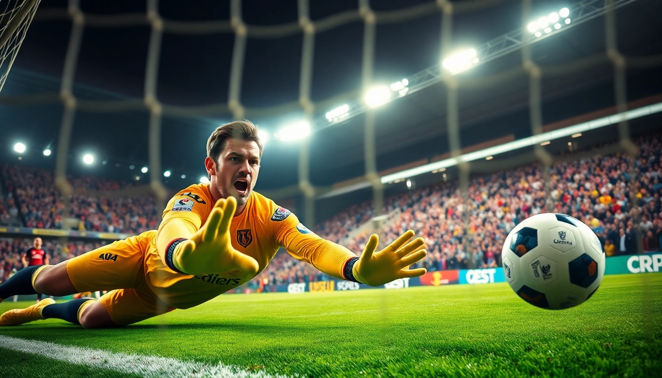 Exciting ทีเด็ดบอล action as a goalkeeper dives to block a penalty shot.
