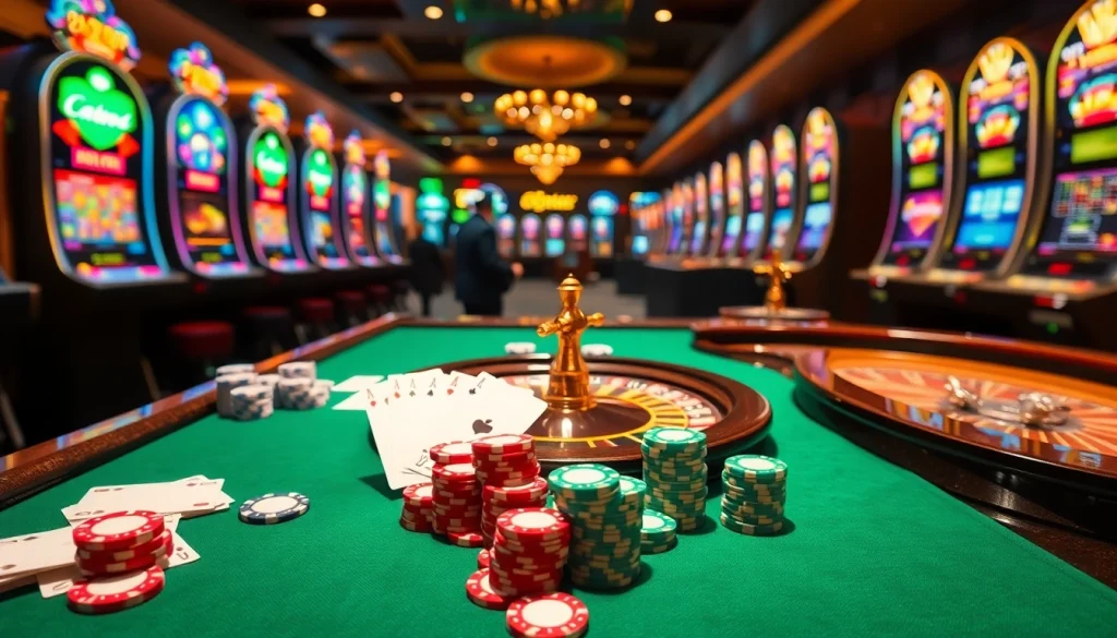 Engaging Onicplay gamblers reveling at a luxury casino table with vibrant slot machines.