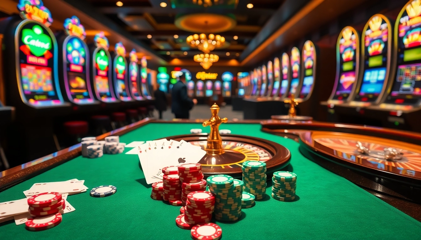 Engaging Onicplay gamblers reveling at a luxury casino table with vibrant slot machines.