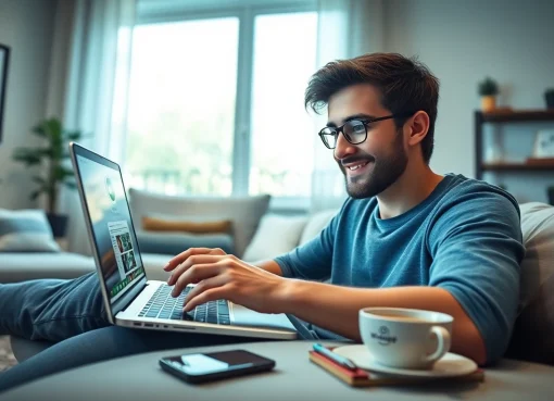 在舒适的房间里使用快连VPN的年轻成年人正在使用 WhatsApp Web