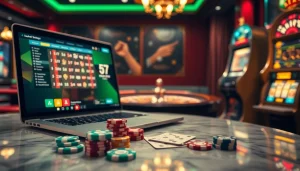 Sbobet platform displaying sports betting interface with luxurious casino elements like poker chips and roulette wheel.